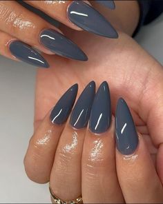 Gray Pointy Nails, Nails Inspiration On Brown Skin, Grey Oval Acrylic Nails, Gray Acrylic Nails Almond, Pointy Winter Nails, Blue Gray Almond Nails, Dark Blue Gray Nails, Grey Stilletto Nails, Dark Blue Almond Acrylic Nails