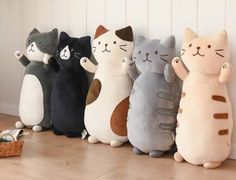 several stuffed cats lined up against a wall