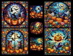 four different pictures of pumpkins and jack - o'- lanterns in front of a stained glass window