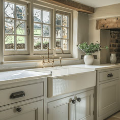 a white kitchen sink sitting under a window next to a stove top oven in a kitchen