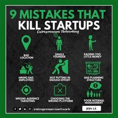 the 9 steps to making money that kill start ups info graphic on black background with green text