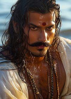 a man with long hair and a beard wearing beads on his head is standing in the water