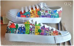 Urban Houses Sneakers Hand-Painted Shoes Urban Shoes | Etsy Canvas Shoe Art Ideas, Painting Shoes Diy, Hand Painted Shoes Ideas, Painting Sneakers, Urban Houses, Shoe Art Designs, Diy Converse, Handpainted Shoes, Hand Painted Sneakers