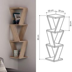 the shelf is made out of wood and has three shelves on each side, one with bookshelves