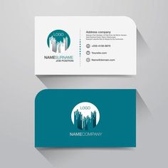 two business cards with cityscape in the center and blue circle on the bottom