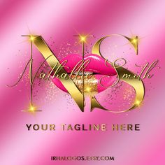 a pink background with gold glitters and the letter m is for your tagline here