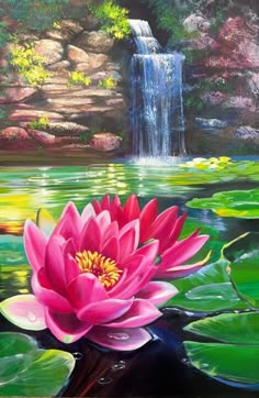 a painting of a pink water lily in front of a waterfall