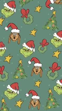 the grin face and stars are all over this green christmas wallpaper with santa's hats