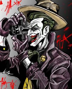 a drawing of the joker holding a camera in his right hand and wearing a hat