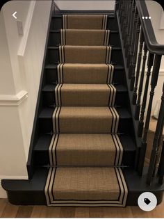 the stairs are lined with carpet and black railings