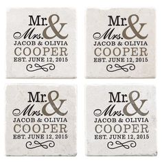 four coasters with mr and mrs names on them