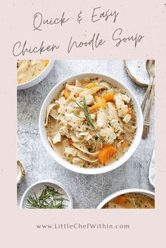 a bowl filled with chicken noodle soup next to other bowls