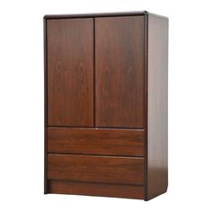 the armoire is made from wood and has two doors on one side, and an open drawer on the other