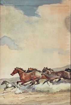 a painting of horses running in the desert with other animals behind them on a cloudy day