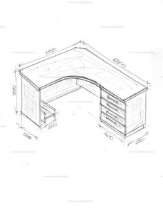 a drawing of an office desk with drawers