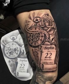 a man's arm with a tattoo on it that has a clock and calendar