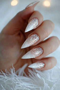 Milky French Nail Designs: Stardust Sparkle Trending New Years Nails, Winter Nye Nails, Glitter With Chrome Nails, Glitter Ombre Christmas Nails, Silver Sparkles Nails, Xmas Ombre Nails, Ice Inspired Nails, Minimal Xmas Nails, White Witch Nails