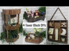 four different pictures of wooden crates with plants and candles in them, one is made out of wood planks