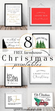 christmas greeting cards with the text 8 free farmhouse christmas printables in red, white and