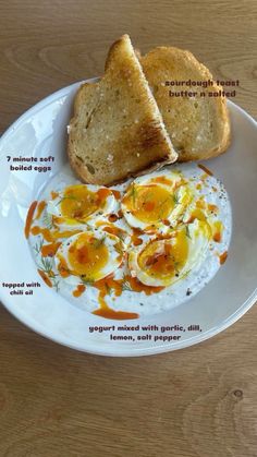 a white plate topped with bread and eggs