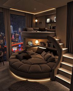 a living room with a spiral bed in the middle and stairs leading up to it