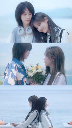 two girls are standing next to each other and one is holding flowers in her hand