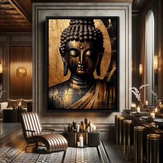 a large buddha painting hanging in a living room next to a chair and coffee table