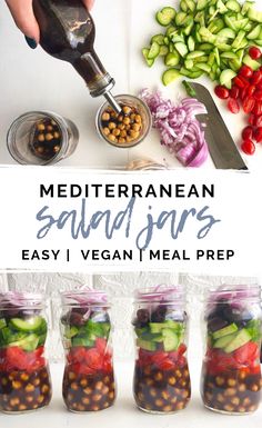 the ingredients to make mediterranean salads in mason jars are shown with text overlay