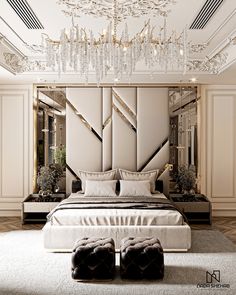 a large bed sitting under a chandelier next to a white rug on top of a hard wood floor