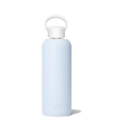 a light blue water bottle with a white lid and handle on the side, sitting against a white background