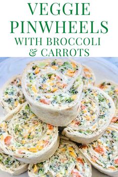 veggie pinwheels with broccoli and carrots on a plate