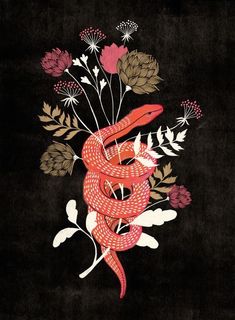 a red snake and some flowers on a black background