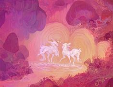 two white unicorns are standing in front of an orange and pink sky with swirly clouds