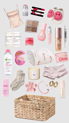 the contents of a woman's personal care product arranged on a white background with pink accents