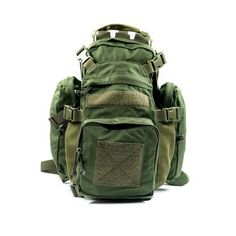 an army green backpack with multiple compartments on the front and one compartment in the back