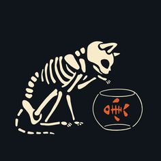 a skeleton sitting next to a fish bowl with an orange fish in it's mouth