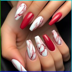 If you're looking for fall nail art ideas, I'm sharing designs that are anything but boring. Check out these autumn acrylic nail designs. Fall nail design ideas using your real nails. Shades Of Red Nail Designs, Nail Art On Coffin Shape, Red Nail Designs Coffin Shape, Nails Red And White Design, Crimson And Cream Nails, Red Marmor Nails, Red Nails For Graduation, Red Marble Nail Designs, Red And White Marble Nails