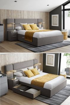 two pictures of a bed with yellow and gray pillows on the headboard, side by side