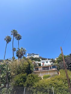 a house on top of a hill with palm trees