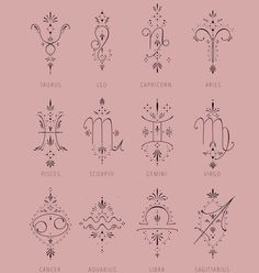 zodiac signs and their meanings in black ink on a pink background with the names of each zodiac