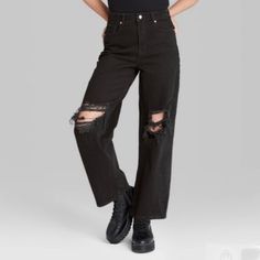 Nwt Wild Fable Highest Rise Baggy Ripped Jeans Black Size 27 High Rise Black Baggy Distressed Skater Loose Distressed Baggy Jeans, Wide Leg Black Jeans, Baggy Ripped Jeans, Wild Fable Jeans, Distressed Mom Jeans, Black Ripped Jeans, High Rise Mom Jeans, Black High Waist, Black Denim Jeans