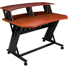 a computer desk on wheels with a wooden top