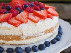 a close up of a cake on a plate with berries