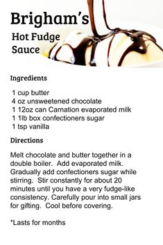 the ingredients for a hot fudge sauce are shown in this recipe, including caramel and chocolate