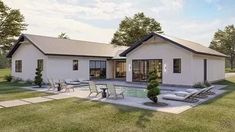 an artist's rendering of a house with a pool in the front yard and lawn furniture