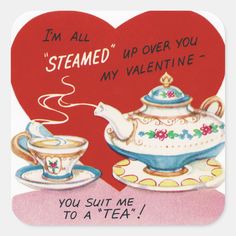 a valentine card with two tea cups and a heart