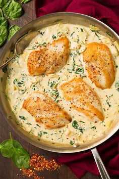 Skillet Chicken with Creamy Spinach Artichoke Sauce | Cooking Classy Artichoke Sauce, One Pan Dinner Recipes, Chicken With Spinach, Spinach Artichoke Chicken, Artichoke Chicken, Artichoke Recipes, Creamy Spinach, Cooking Classy, Spinach Artichoke