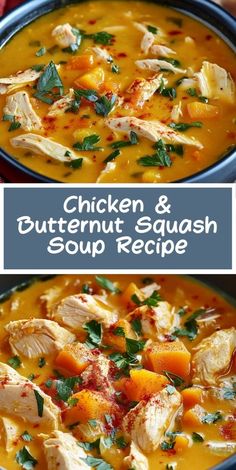 chicken and butternut squash soup recipe in a bowl