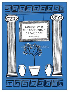 a blue book cover with an image of vases and flowers in front of columns