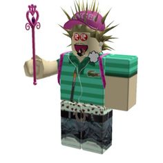 a lego figure is holding a box and a pink hat with spikes on it's head